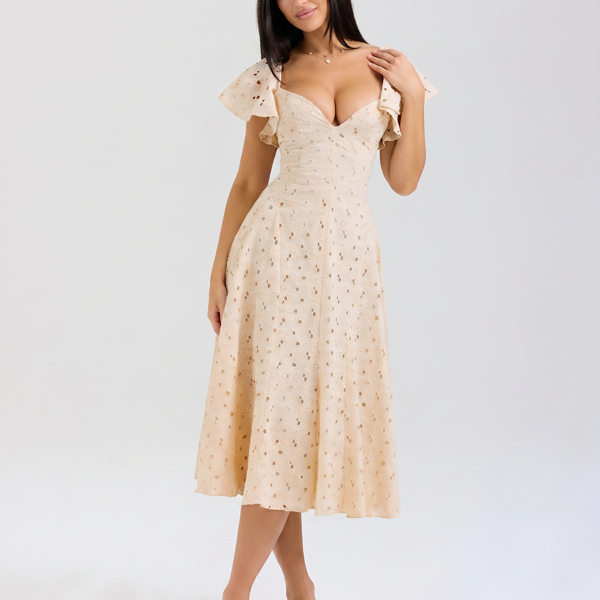 Austen | Floral Midi Dress with Broderie and Butterfly Sleeves