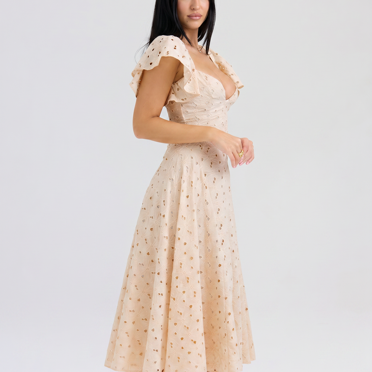 Austen | Floral Midi Dress with Broderie and Butterfly Sleeves