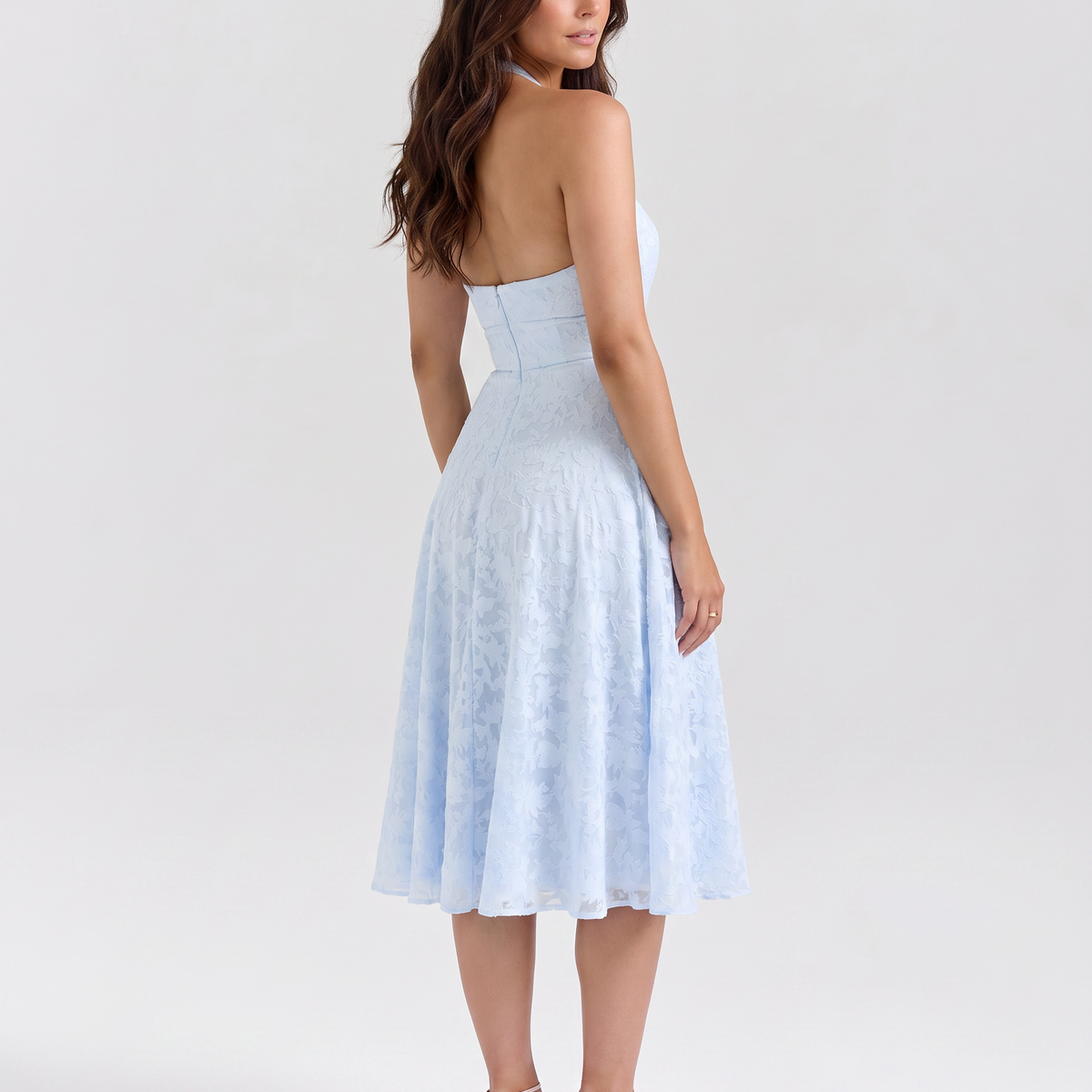 Ava | Midi Dress with Floral Jacquard and Halter Neck