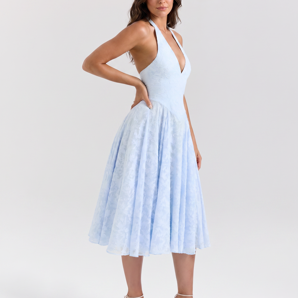 Ava | Midi Dress with Floral Jacquard and Halter Neck
