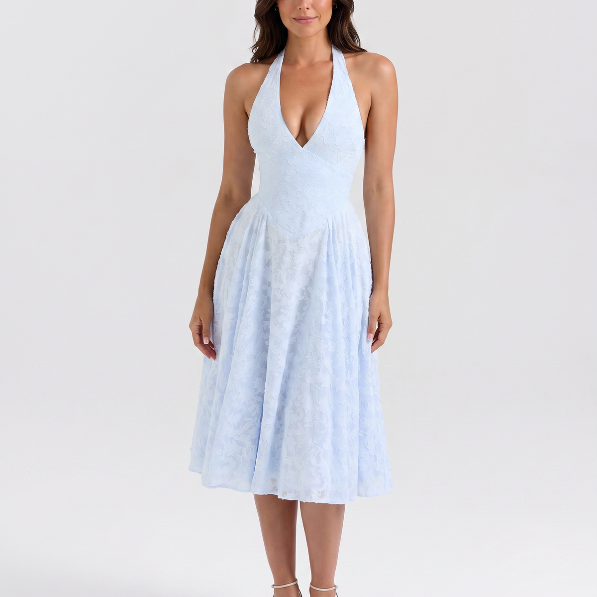 Ava | Midi Dress with Floral Jacquard and Halter Neck