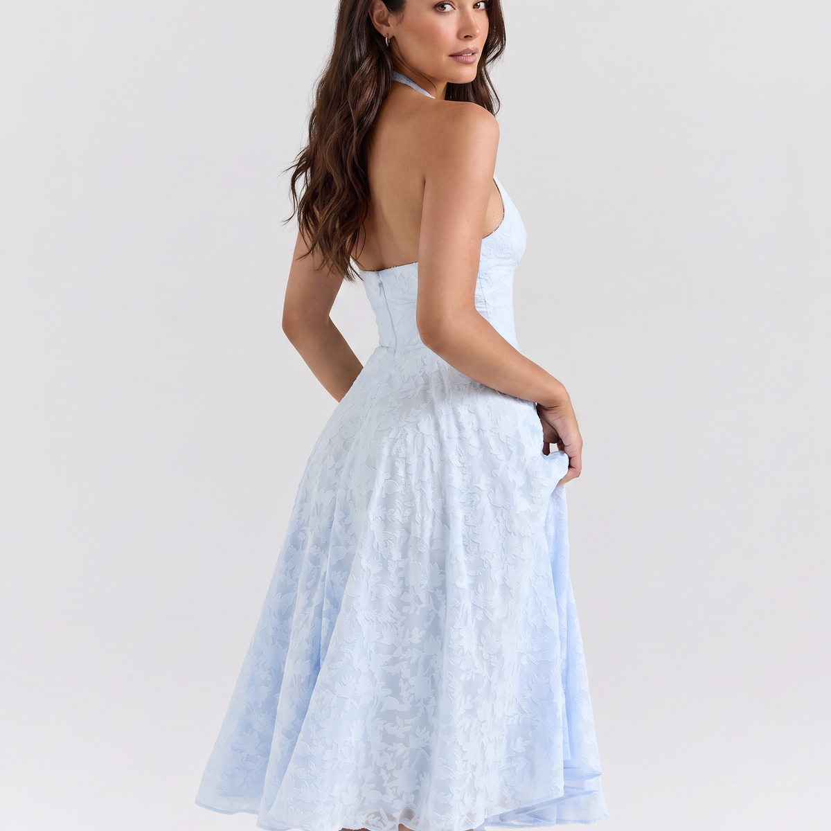 Ava | Midi Dress with Floral Jacquard and Halter Neck