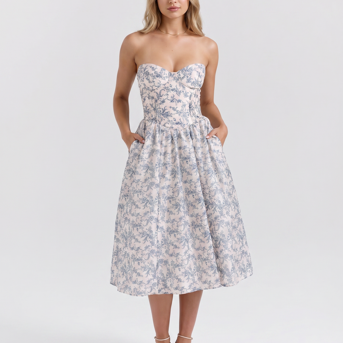 Claudia | Strapless Midi Dress with Corset Bodice