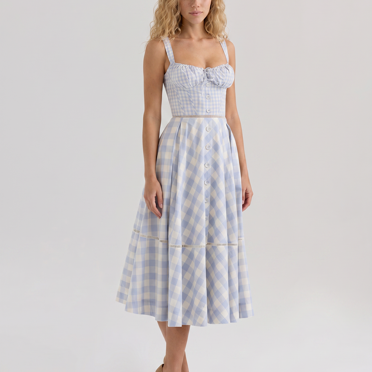 Coco | Gingham Midi Dress with Lace-Up Back