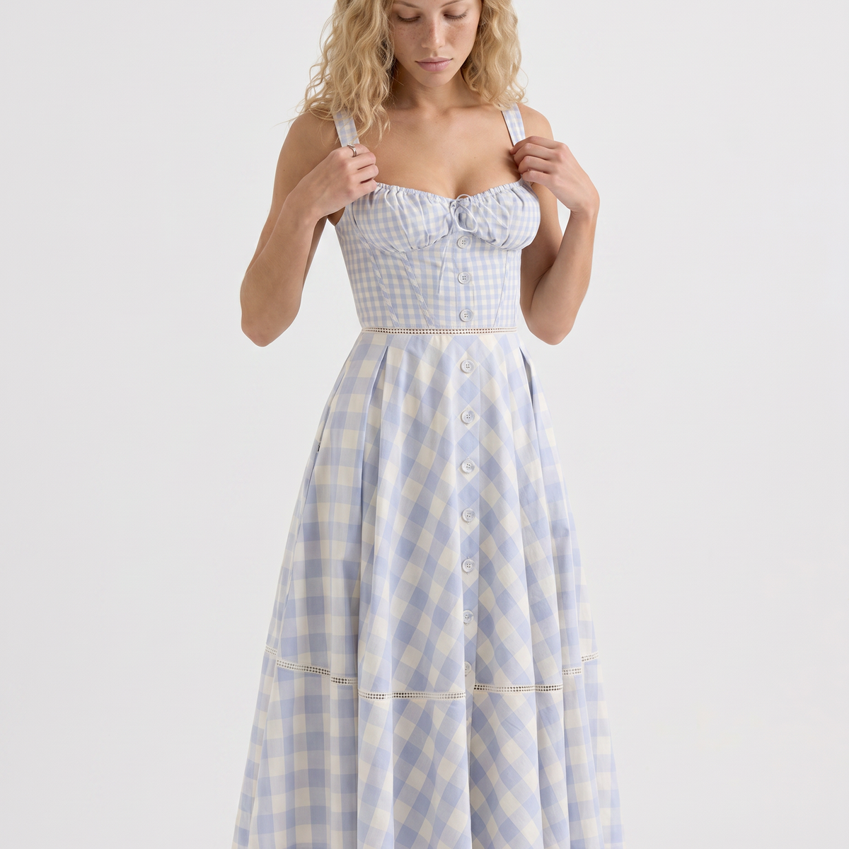 Coco | Gingham Midi Dress with Lace-Up Back