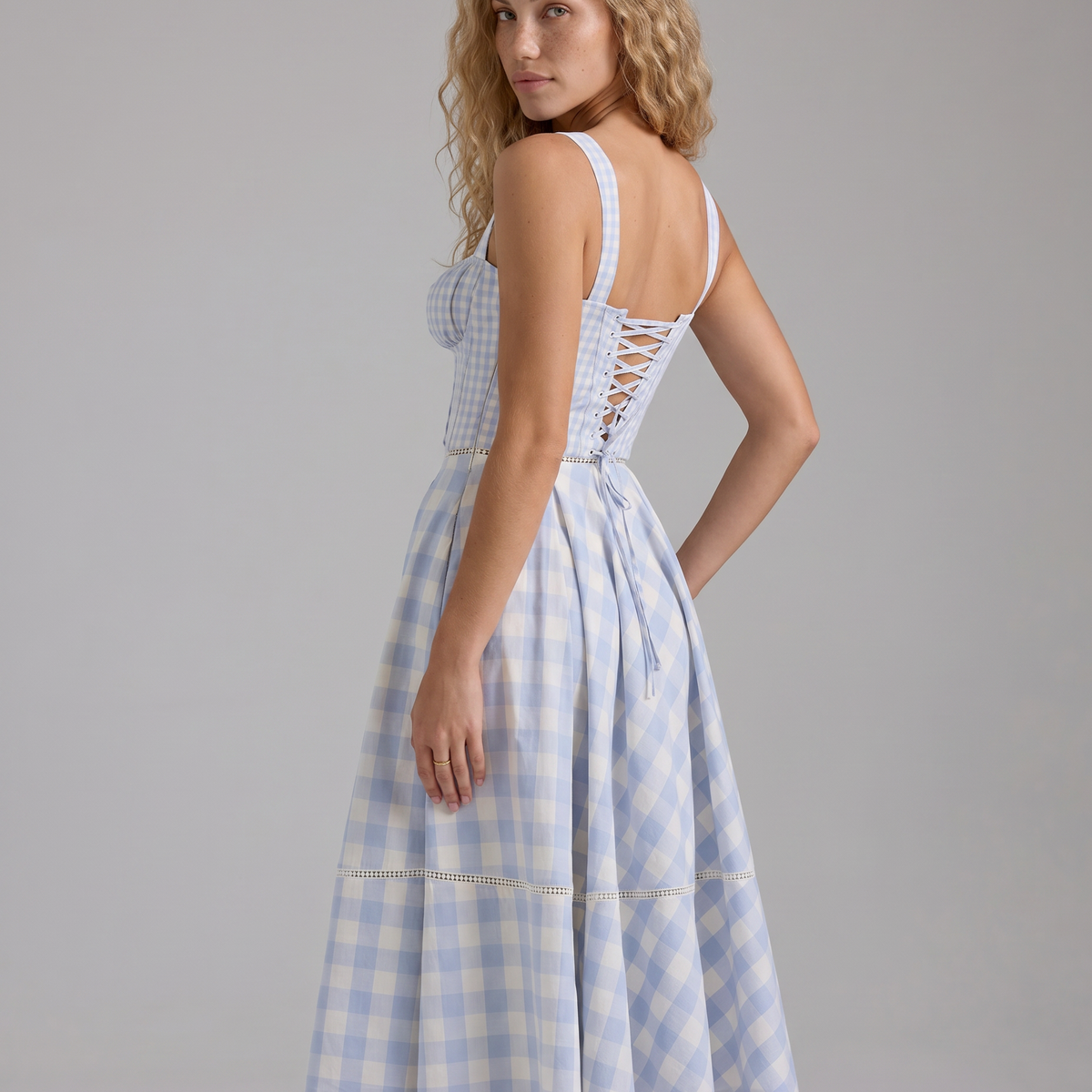 Coco | Gingham Midi Dress with Lace-Up Back