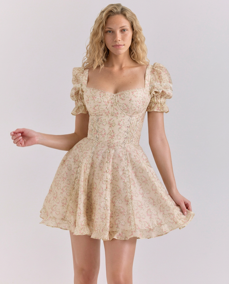 Lelia | Floral Puff Sleeve Mini Dress with Ruffle Hem