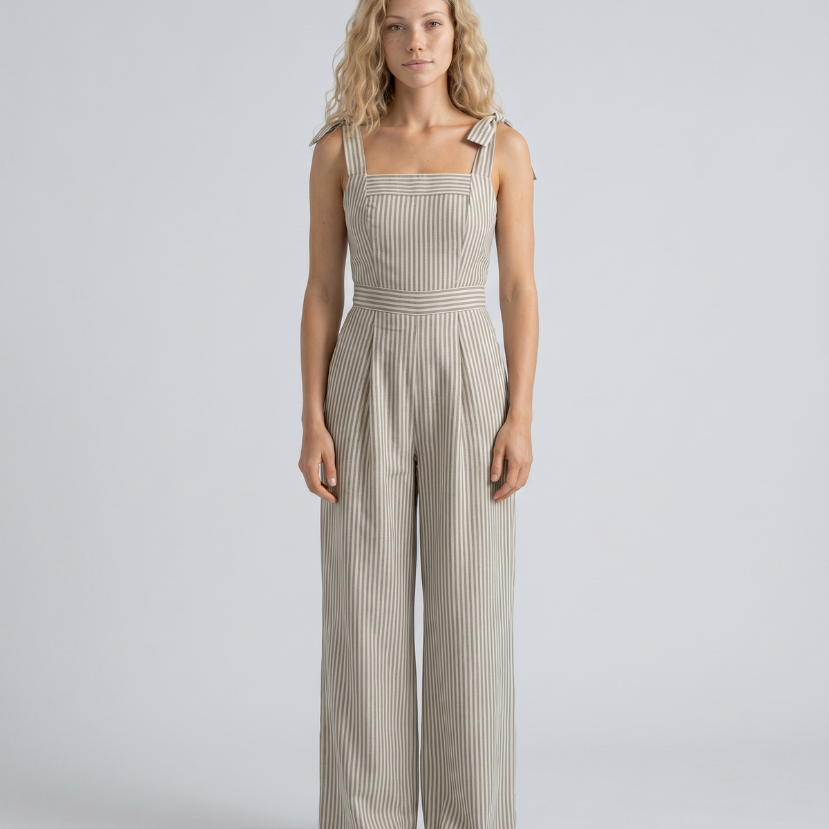 Opal | Striped Square Neck Linen-Blend Jumpsuit