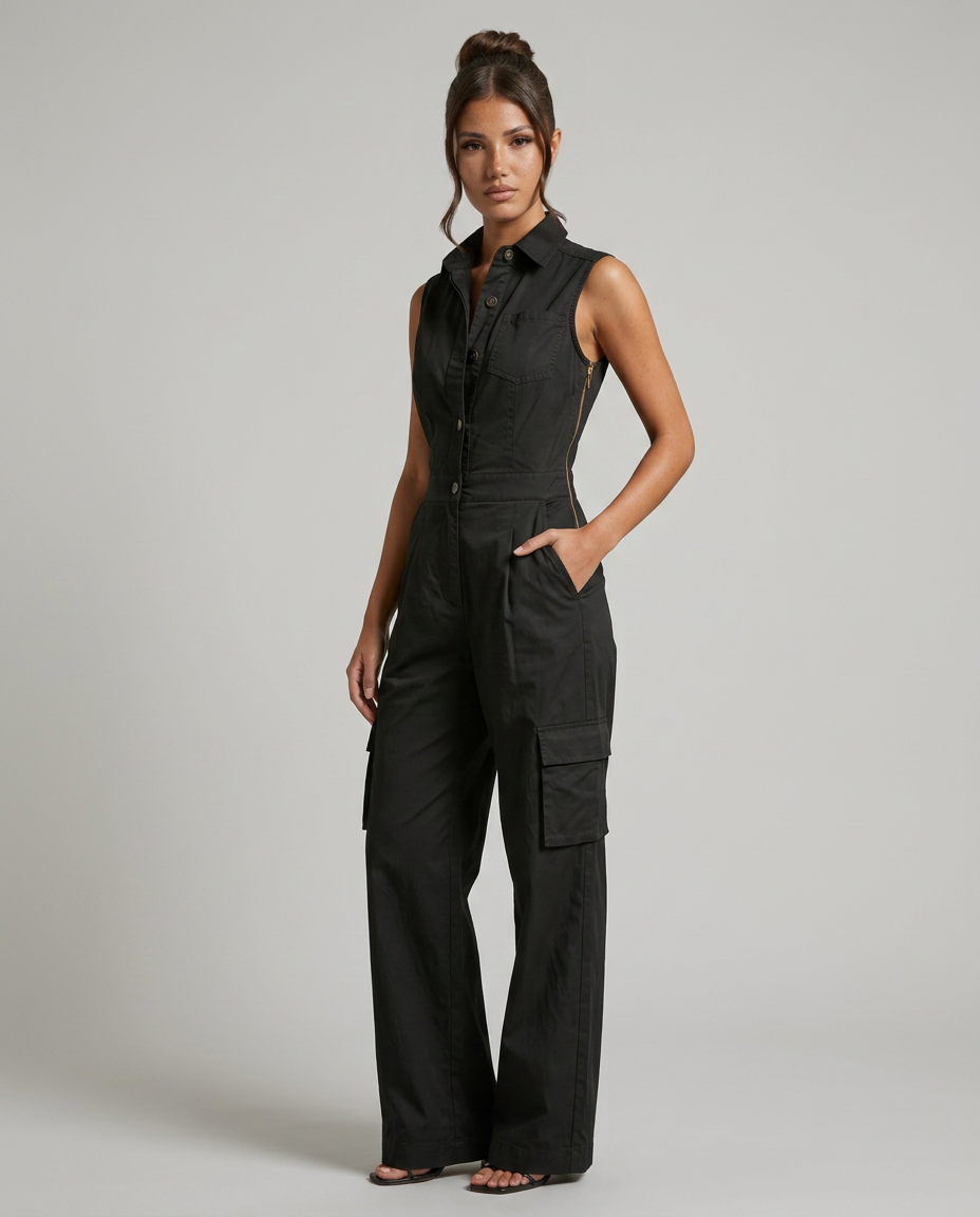Alba | Sleeveless Collared Cargo Jumpsuit