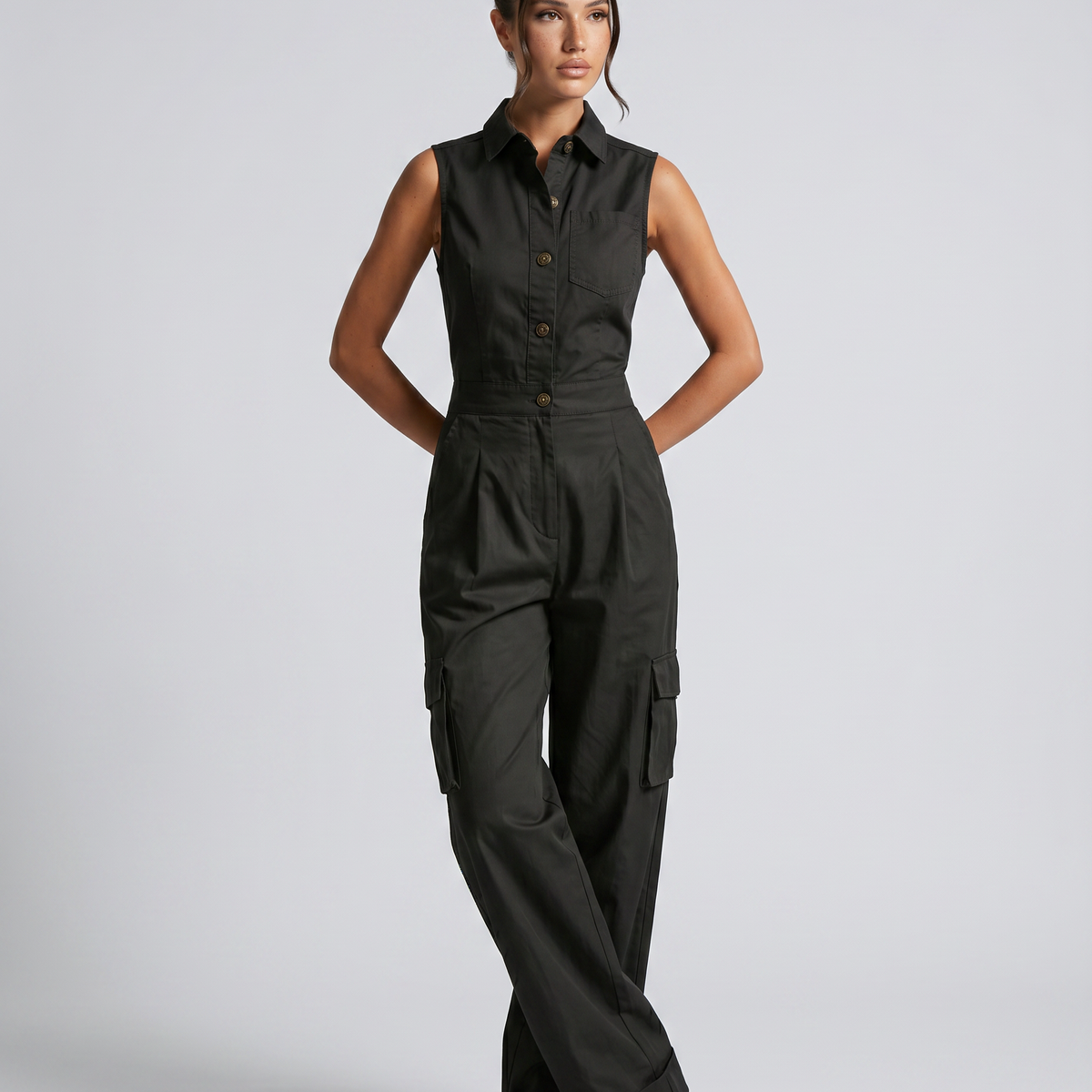 Alba | Sleeveless Collared Cargo Jumpsuit