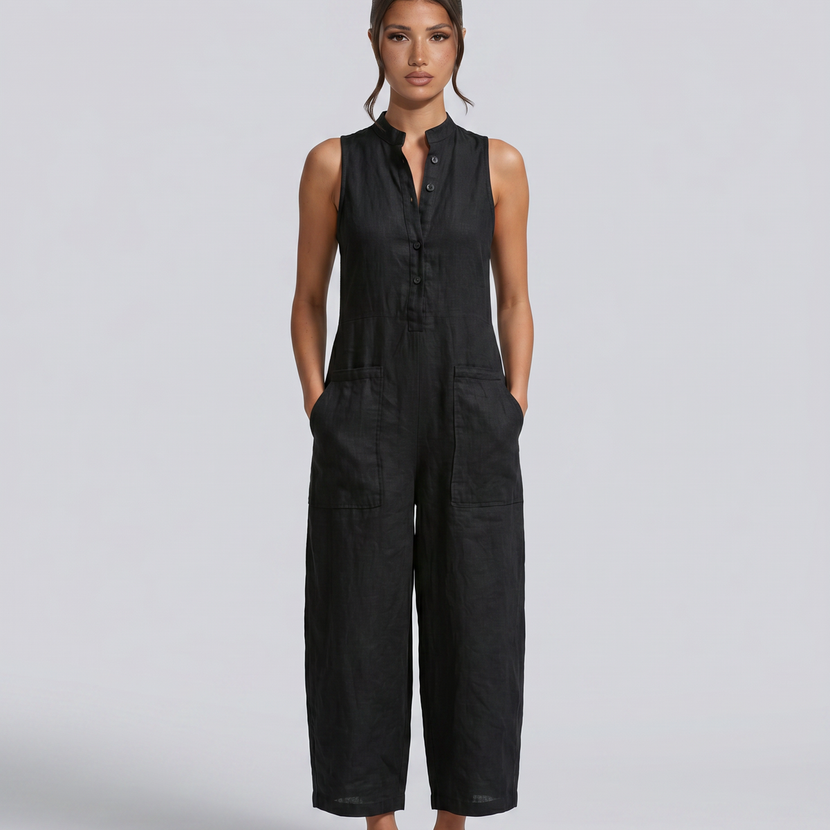 Renee | Sleeveless Button-Up Linen-Blend Jumpsuit