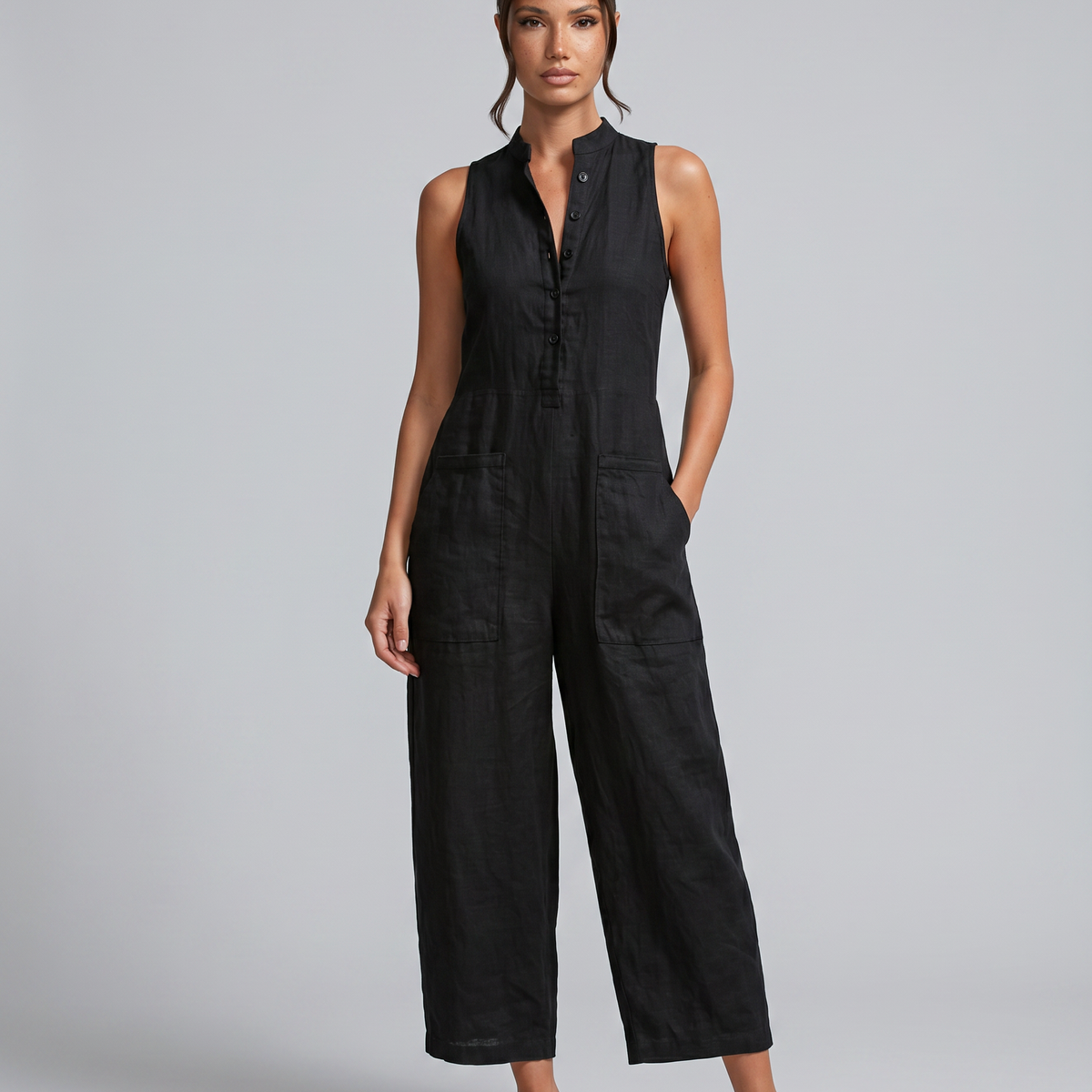 Renee | Sleeveless Button-Up Linen-Blend Jumpsuit