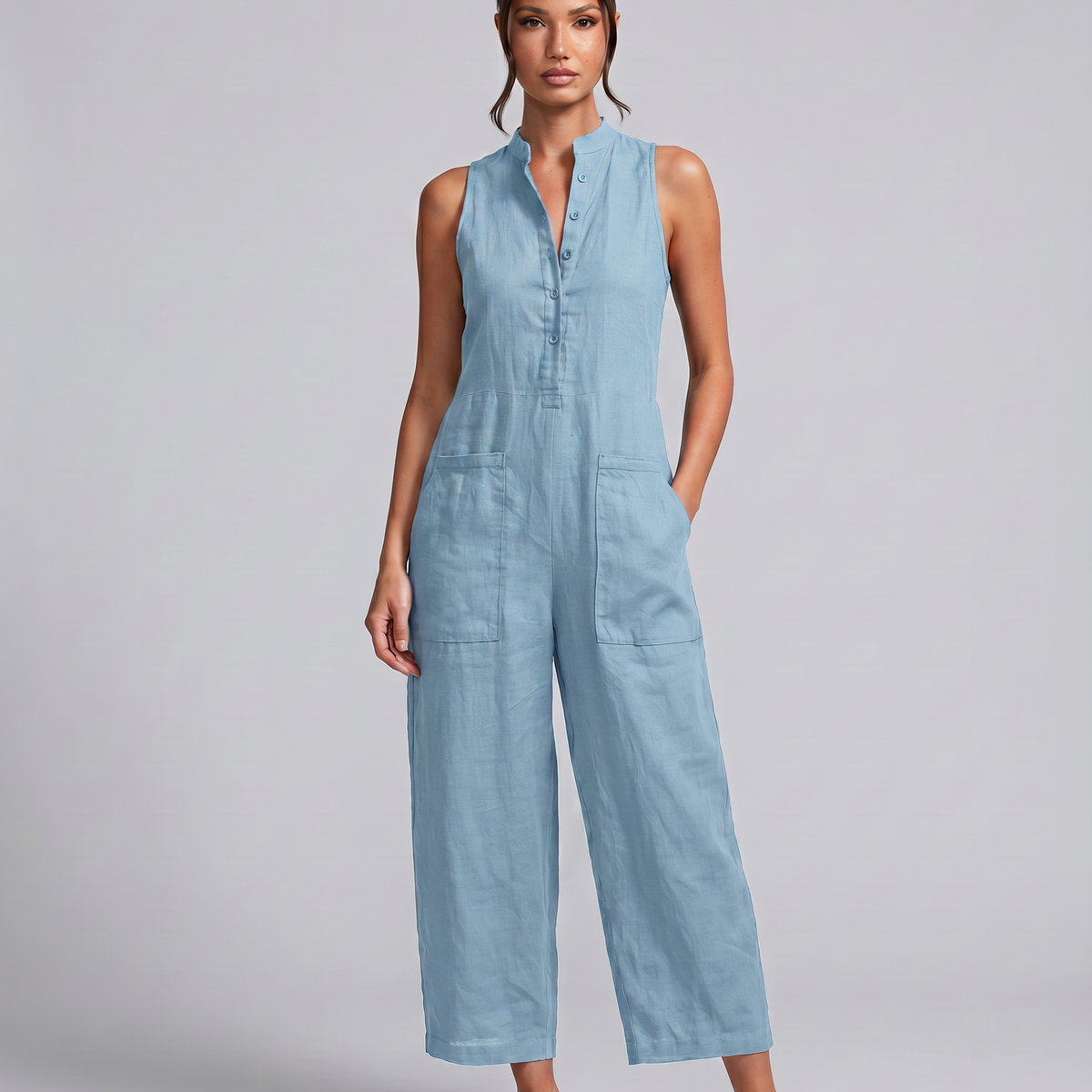 Renee | Sleeveless Button-Up Linen-Blend Jumpsuit