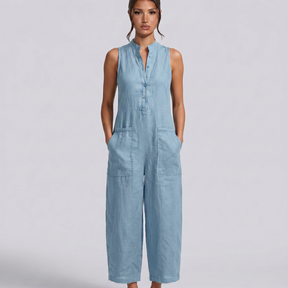 Renee | Sleeveless Button-Up Linen-Blend Jumpsuit
