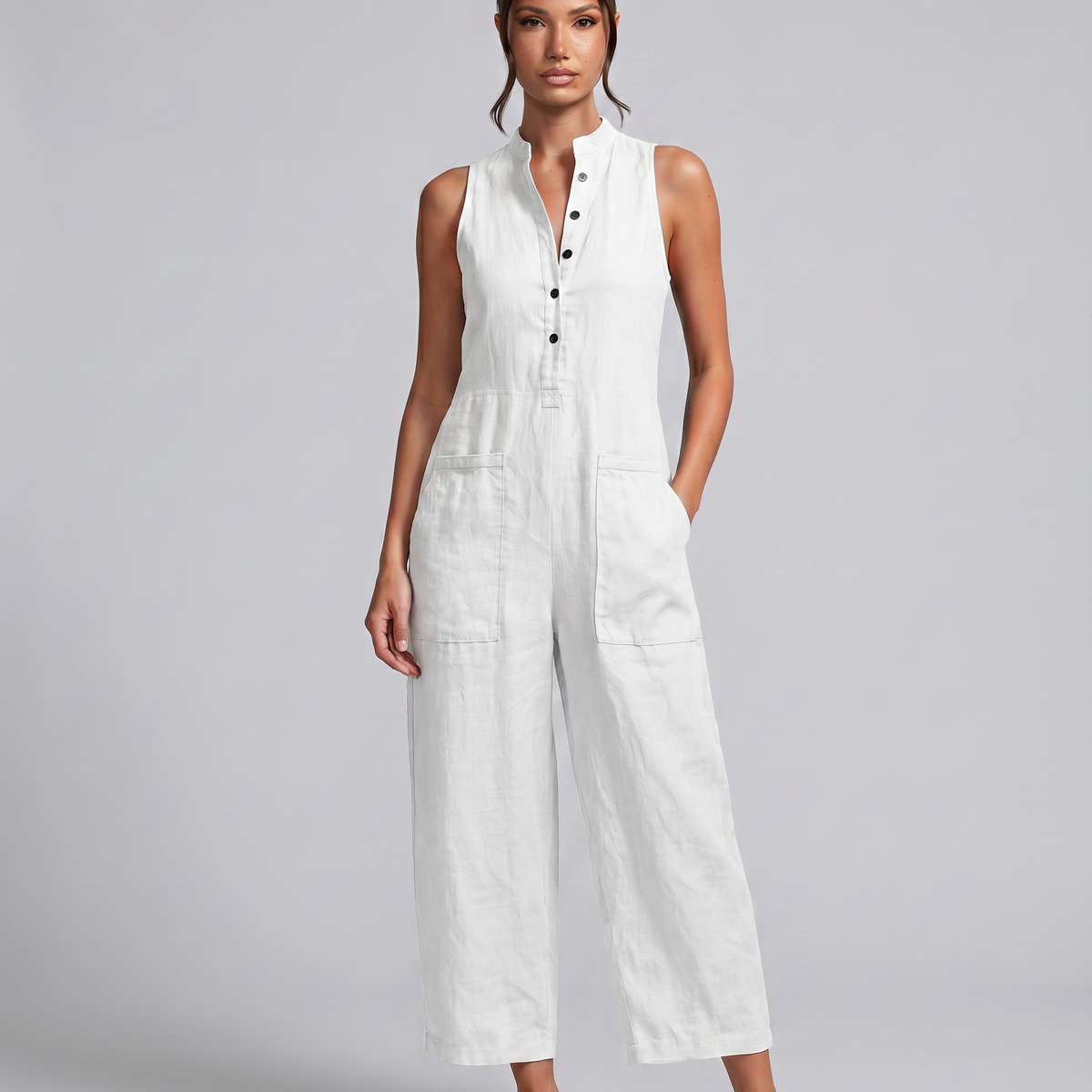 Renee | Sleeveless Button-Up Linen-Blend Jumpsuit