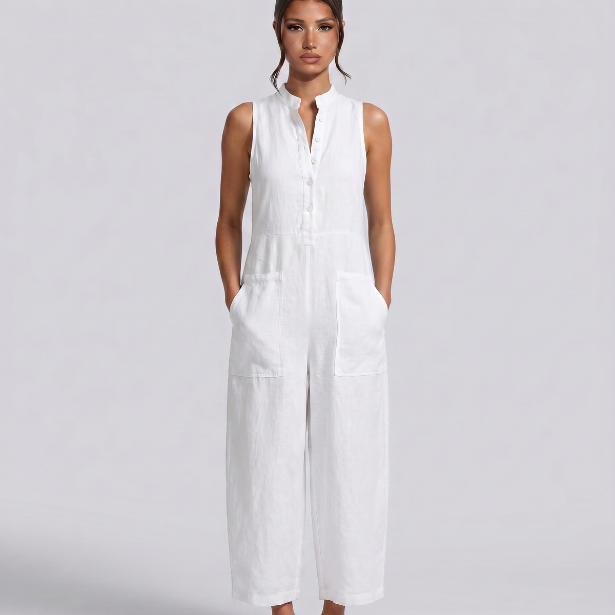 Renee | Sleeveless Button-Up Linen-Blend Jumpsuit