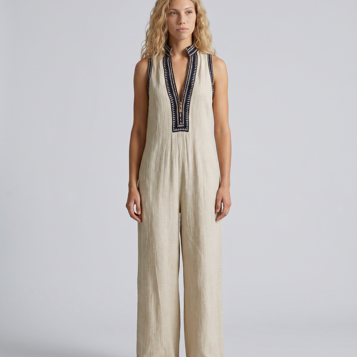 Angie | Sleeveless Linen-Blend Embroidered Jumpsuit