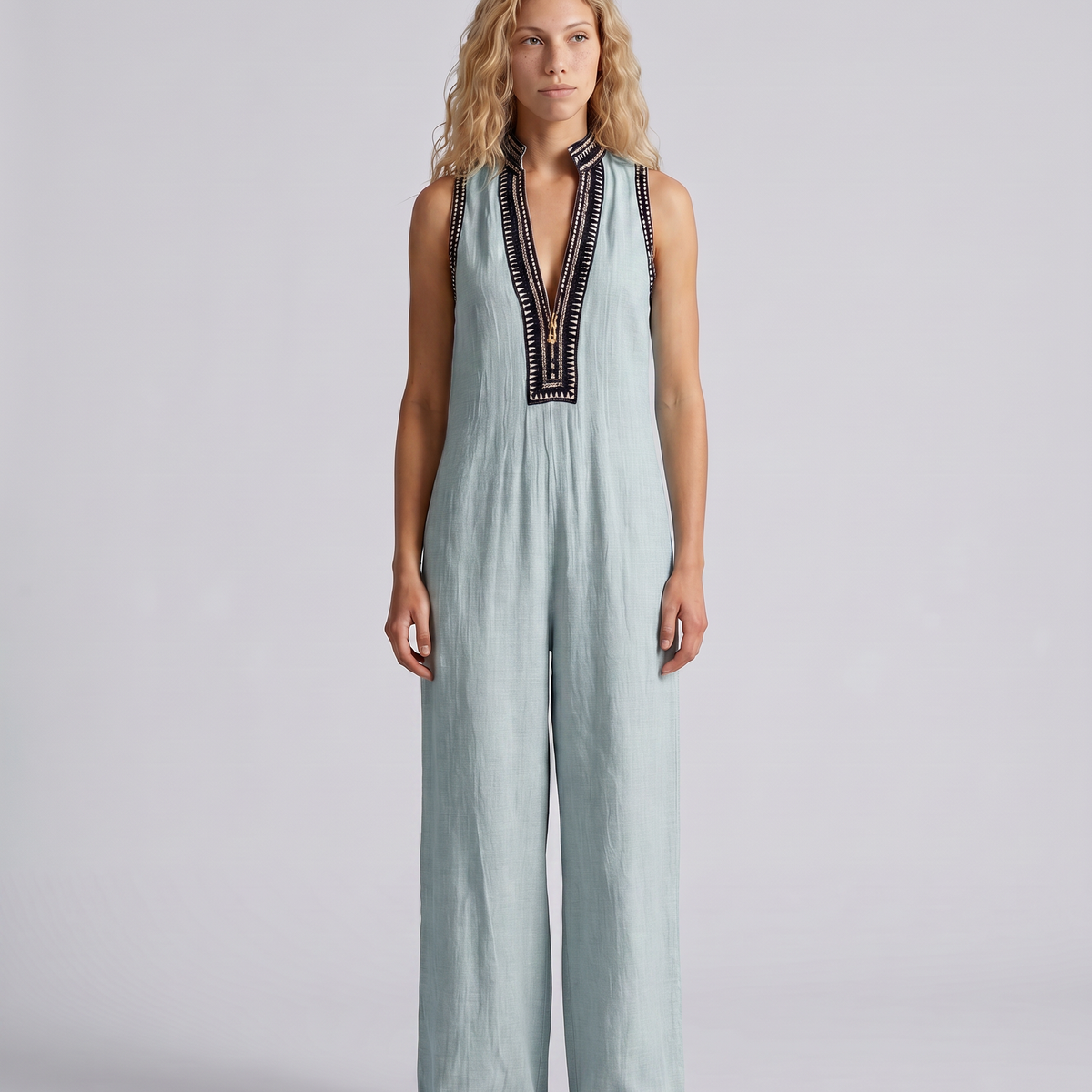 Angie | Sleeveless Linen-Blend Embroidered Jumpsuit