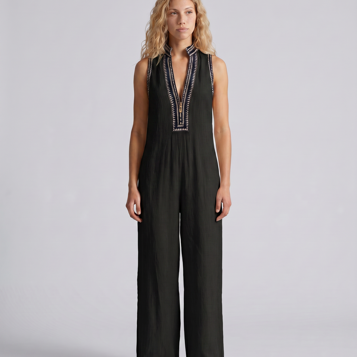 Angie | Sleeveless Linen-Blend Embroidered Jumpsuit