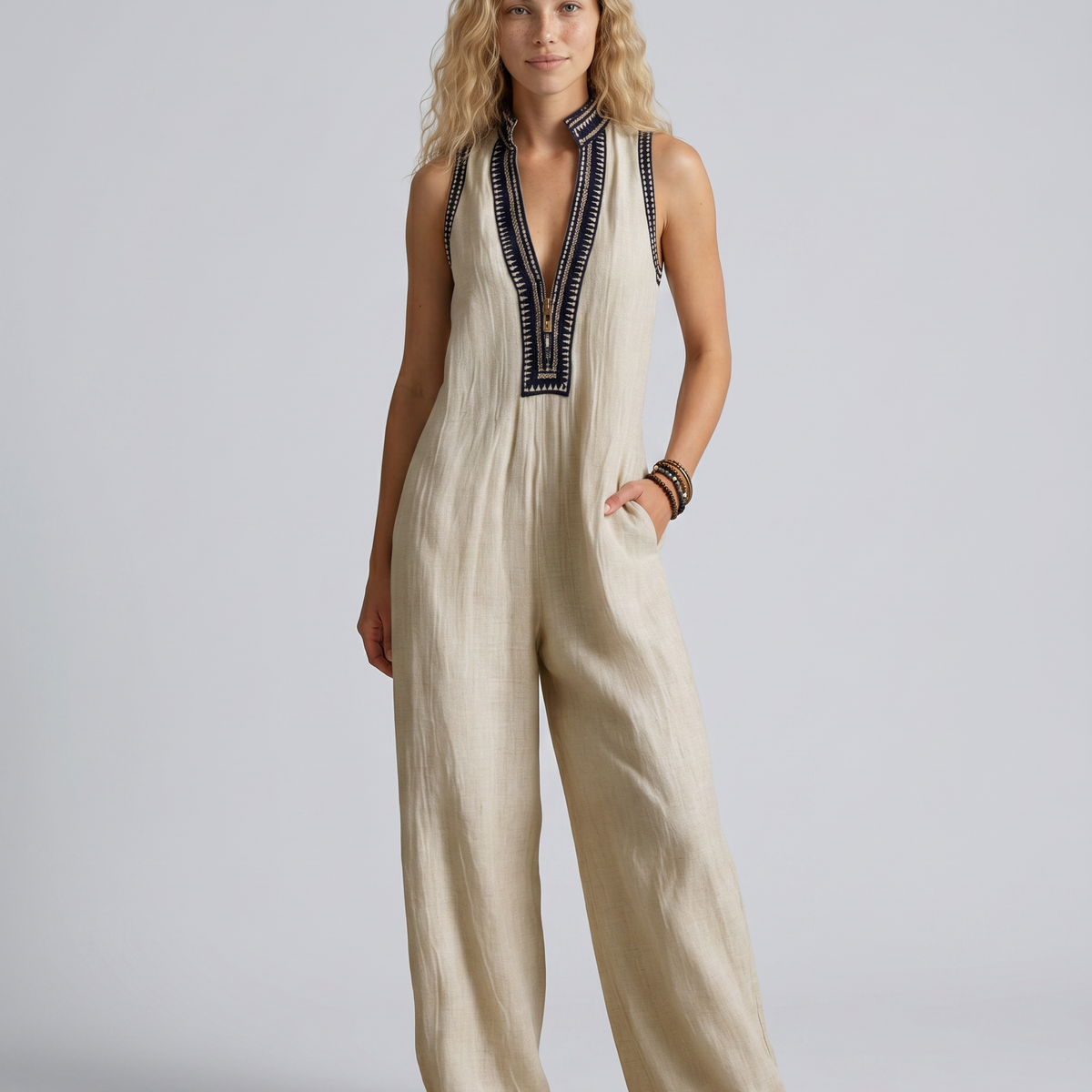Angie | Sleeveless Linen-Blend Embroidered Jumpsuit