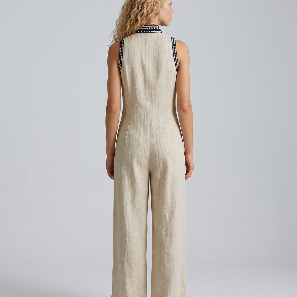 Angie | Sleeveless Linen-Blend Embroidered Jumpsuit