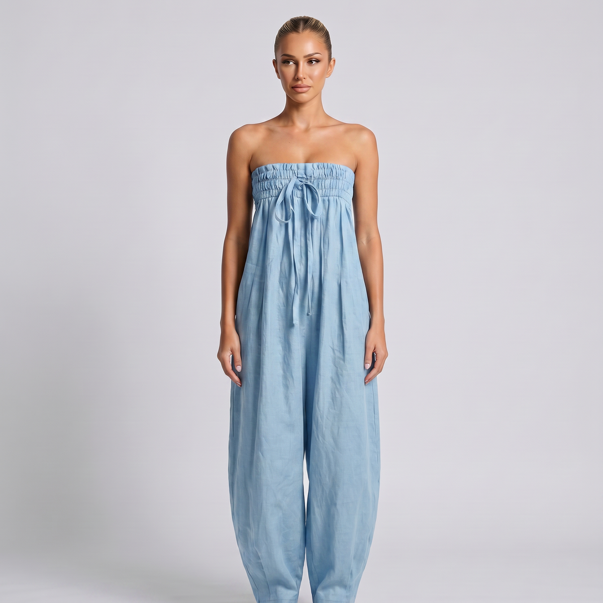 Cherry | Strapless Relaxed Linen-Blend Jumpsuit