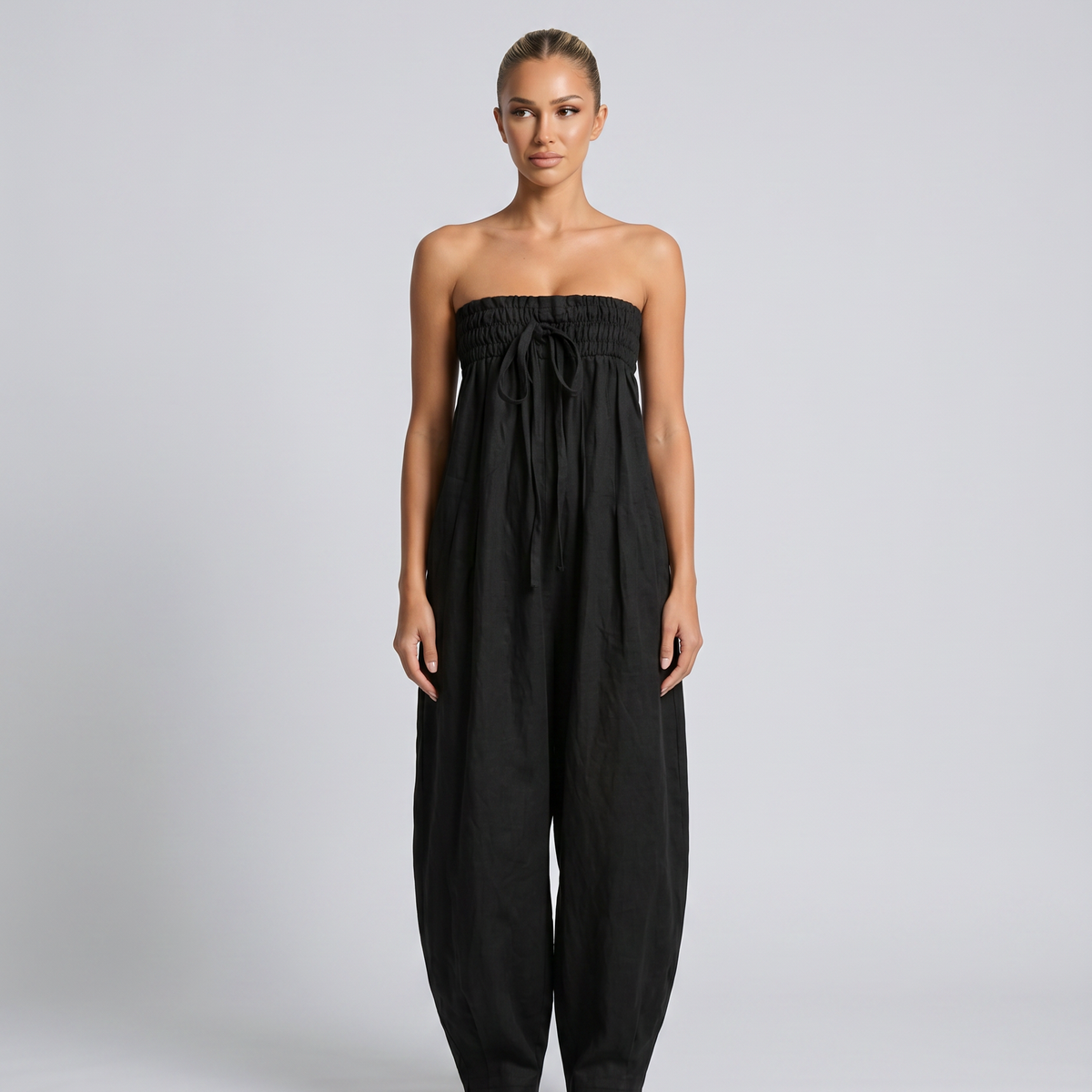 Cherry | Strapless Relaxed Linen-Blend Jumpsuit
