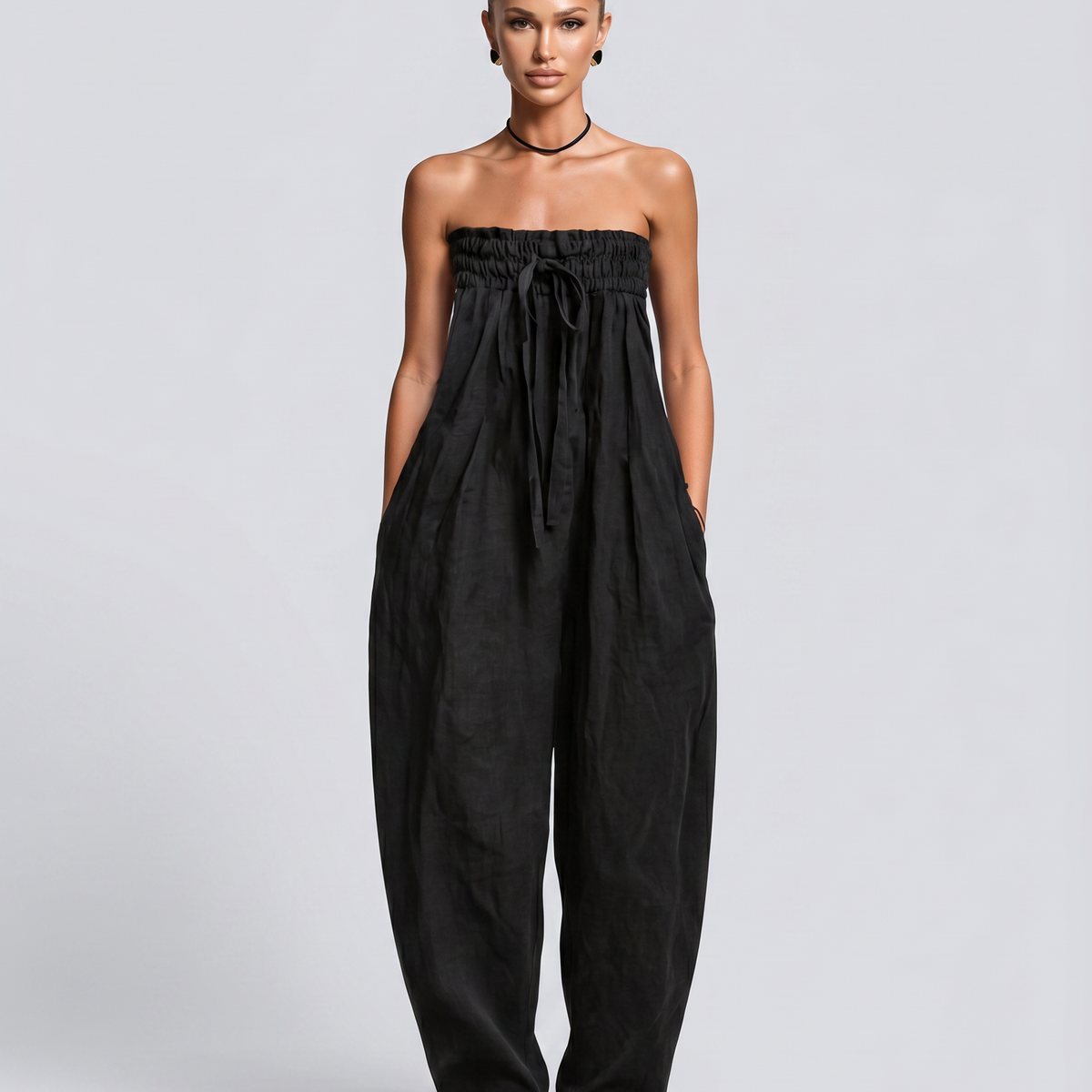 Cherry | Strapless Relaxed Linen-Blend Jumpsuit