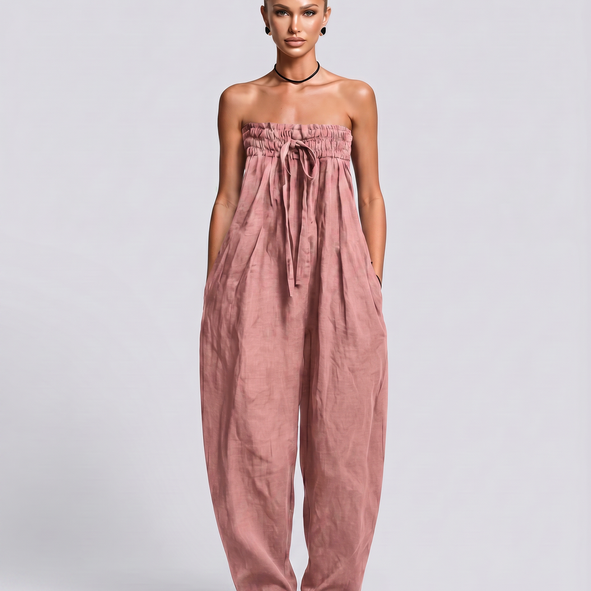 Cherry | Strapless Relaxed Linen-Blend Jumpsuit
