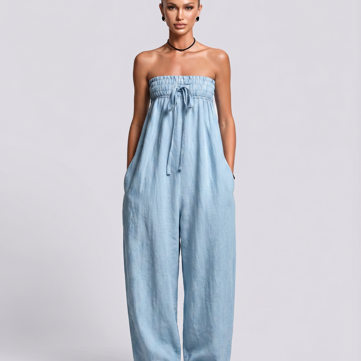 Cherry | Strapless Relaxed Linen-Blend Jumpsuit