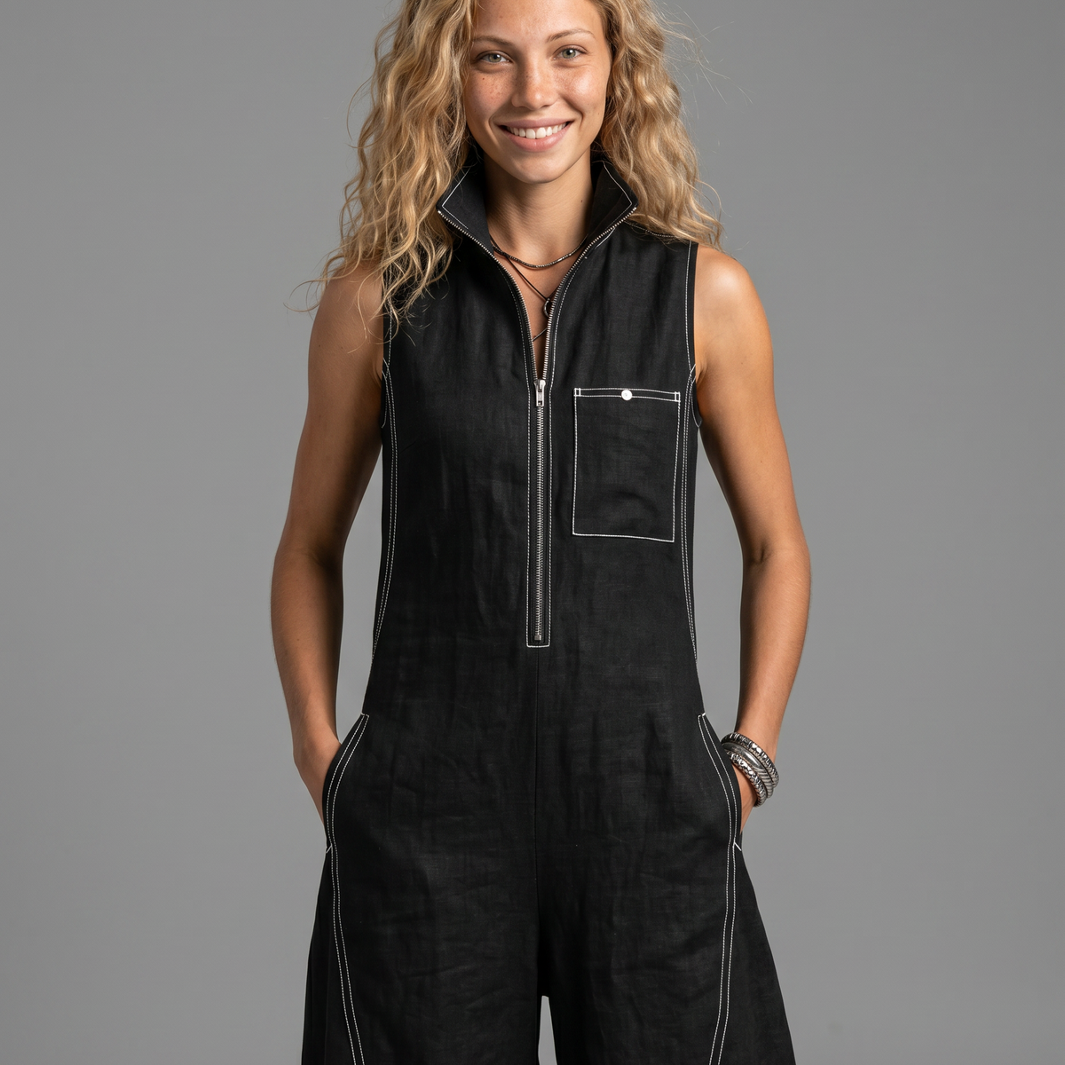 Katina | Sleeveless Contrast Trim Relaxed Jumpsuit