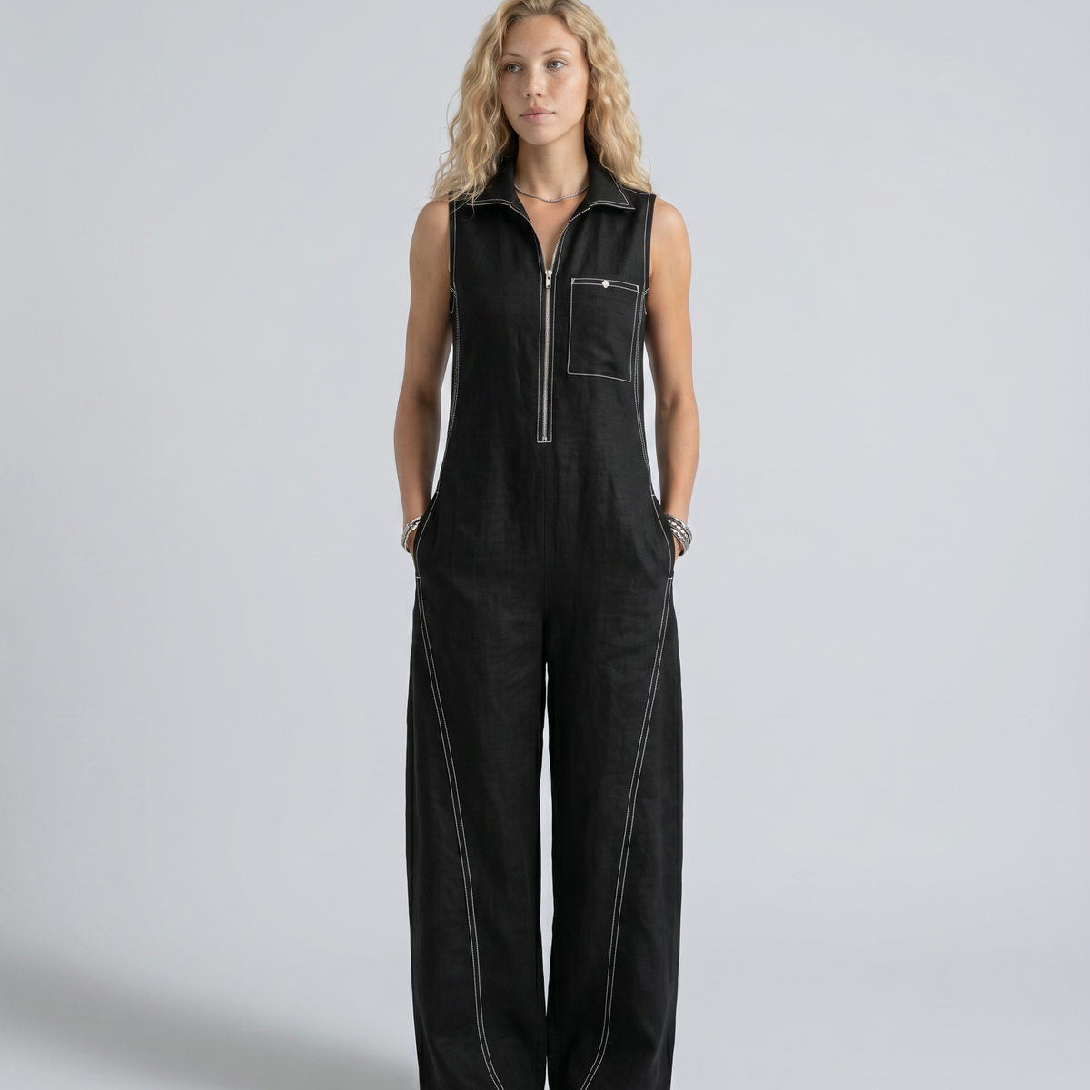 Katina | Sleeveless Contrast Trim Relaxed Jumpsuit