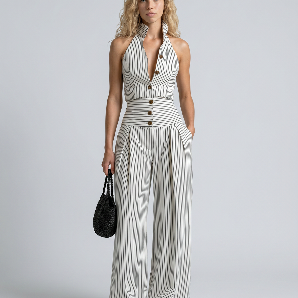 Letha | Striped Halter Neck Wide-Leg Jumpsuit
