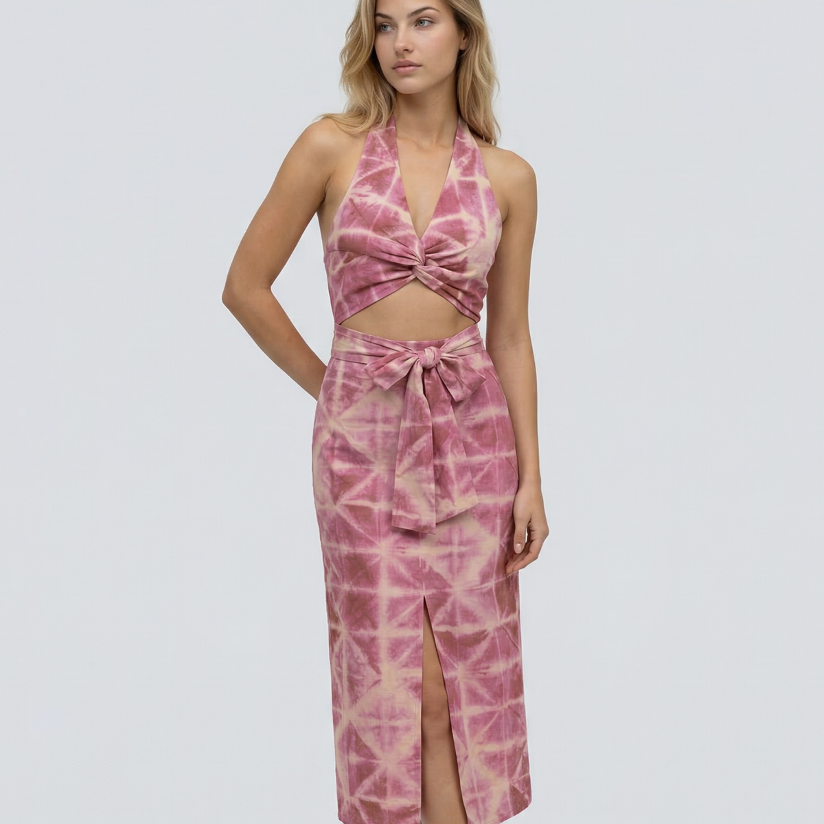 Brooklyn | Tie & Dye Draped Midi Dress with Front Knot