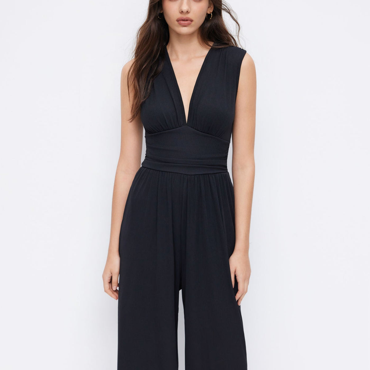 Eleanor | V-neck Ruched Solid Wide Leg Jumpsuit
