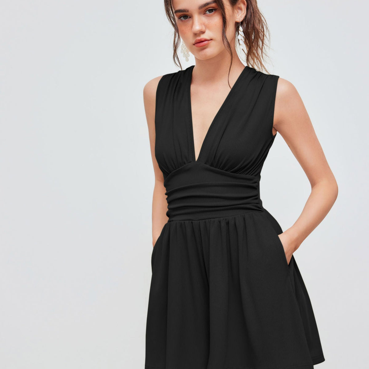 Kylie | V-neck Solid Ruched Pocket Romper