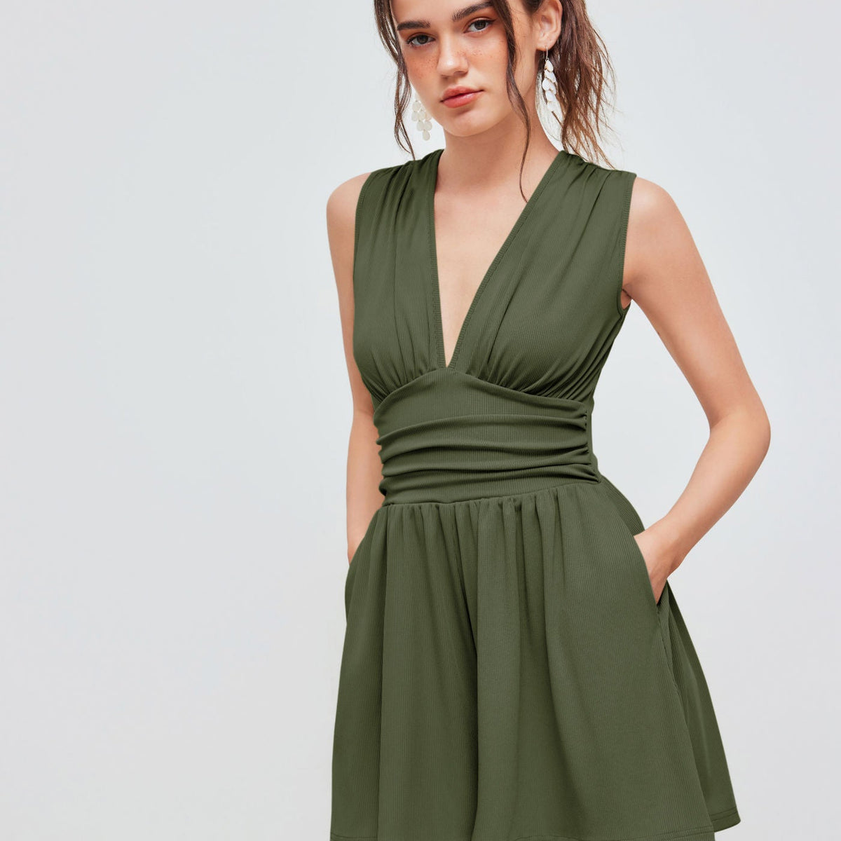 Kylie | V-neck Solid Ruched Pocket Romper