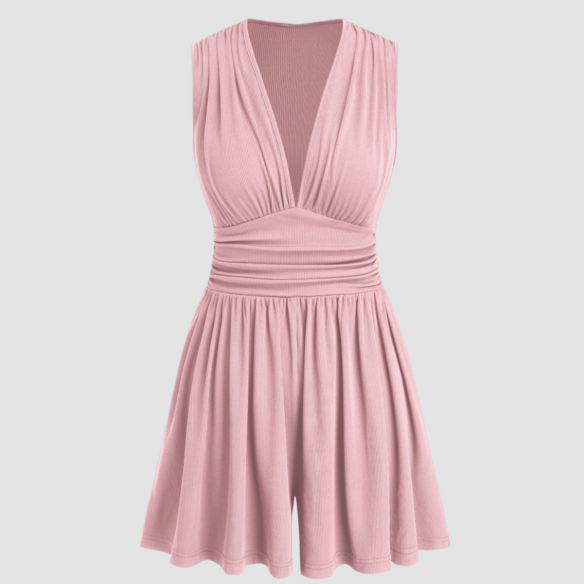 Kylie | V-neck Solid Ruched Pocket Romper