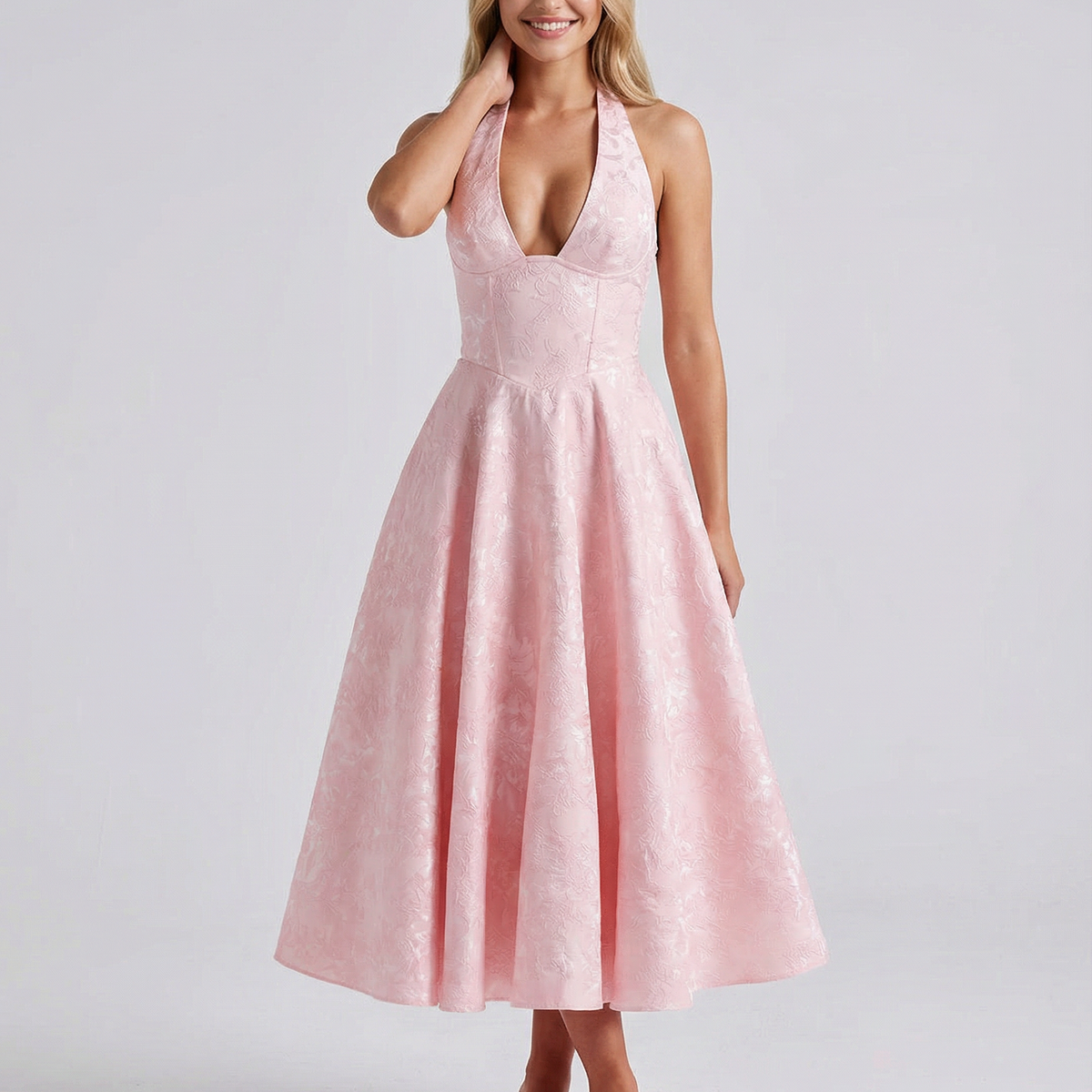Sheryl | Midi Dress with Halter Neck and Jacquard Finish