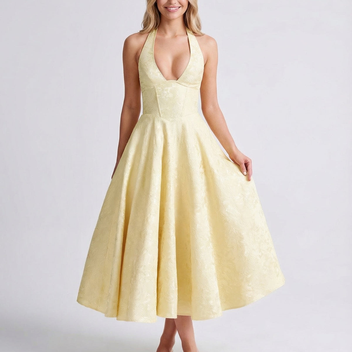 Sheryl | Midi Dress with Halter Neck and Jacquard Finish