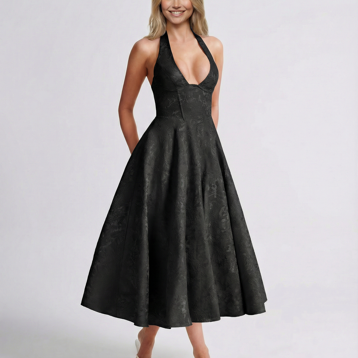 Sheryl | Midi Dress with Halter Neck and Jacquard Finish