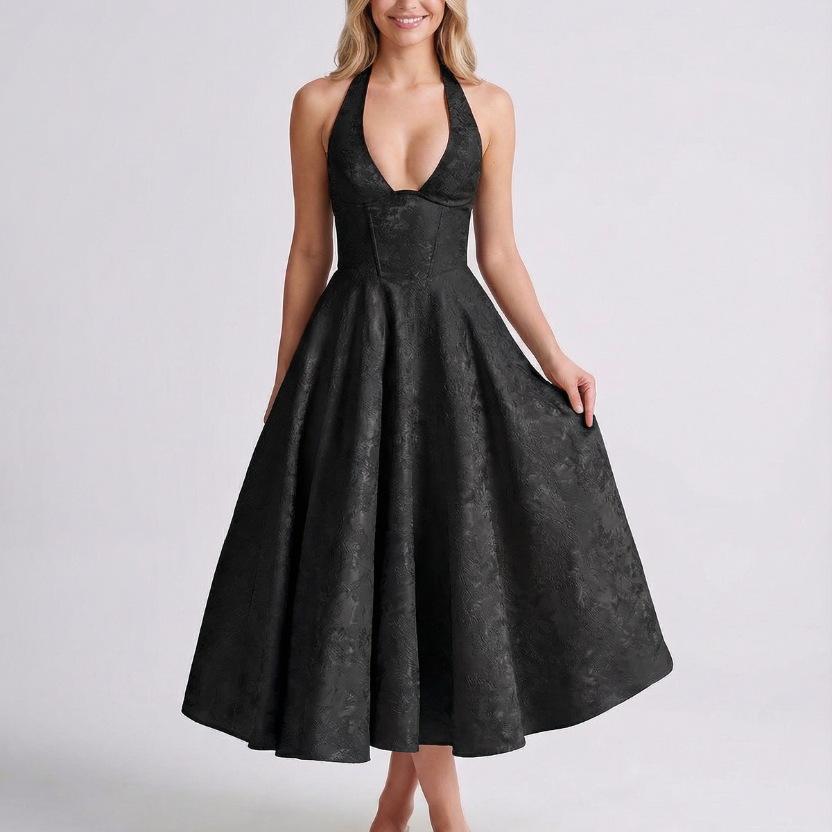 Sheryl | Midi Dress with Halter Neck and Jacquard Finish