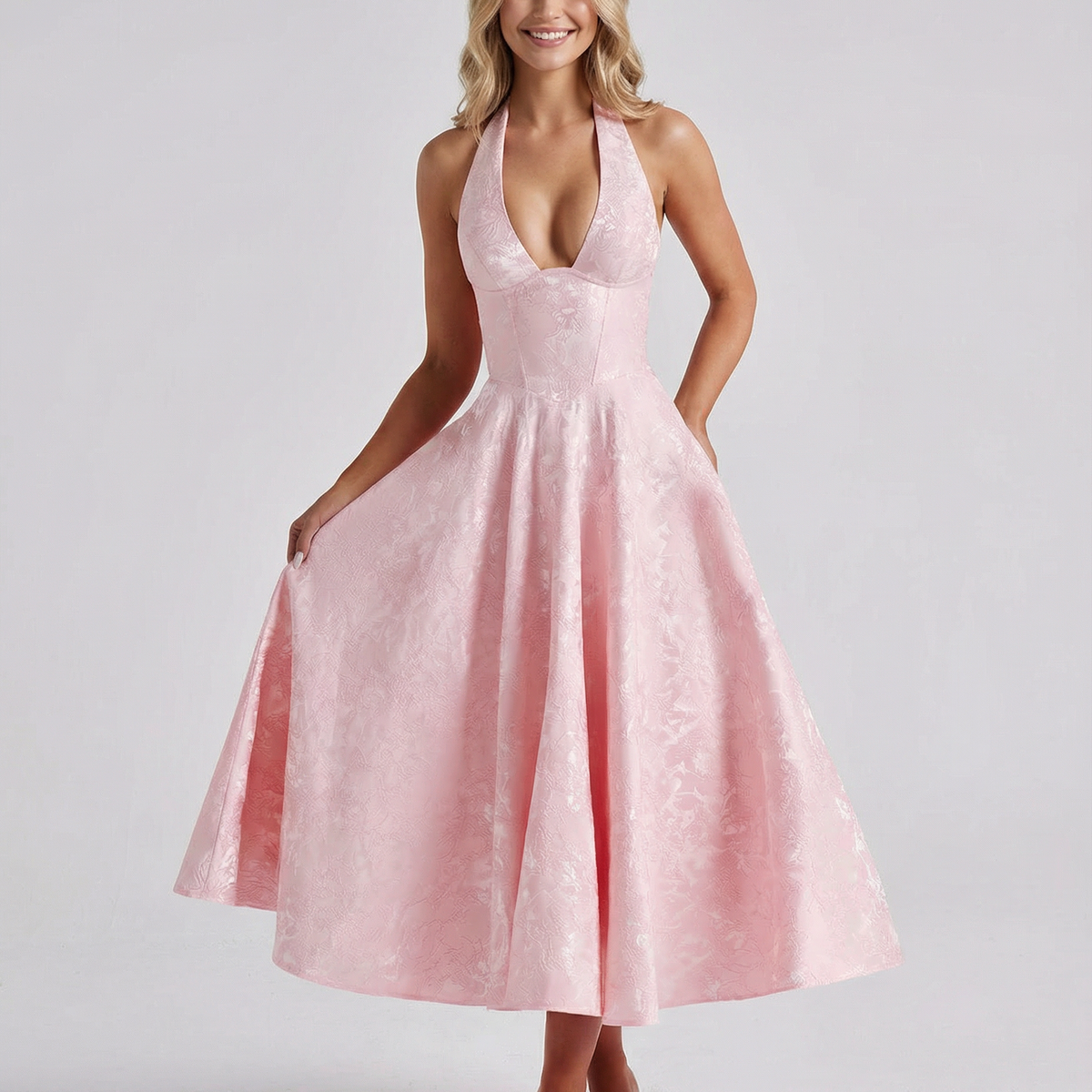 Sheryl | Midi Dress with Halter Neck and Jacquard Finish