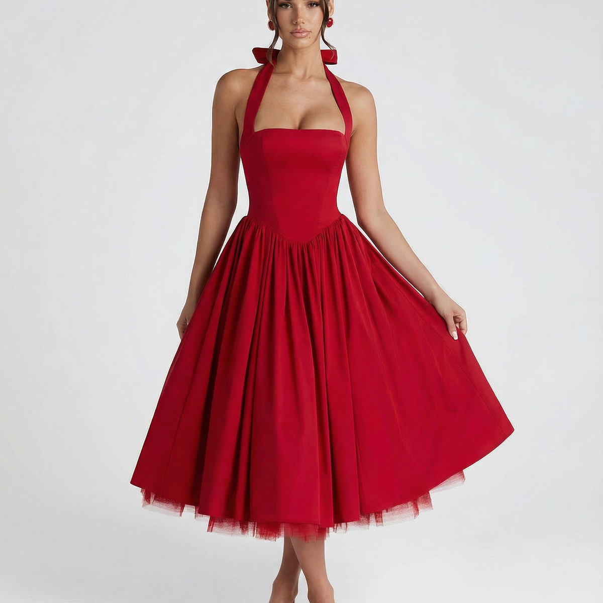 Lena | Midi Halter Neck Lace-Up Back Dress