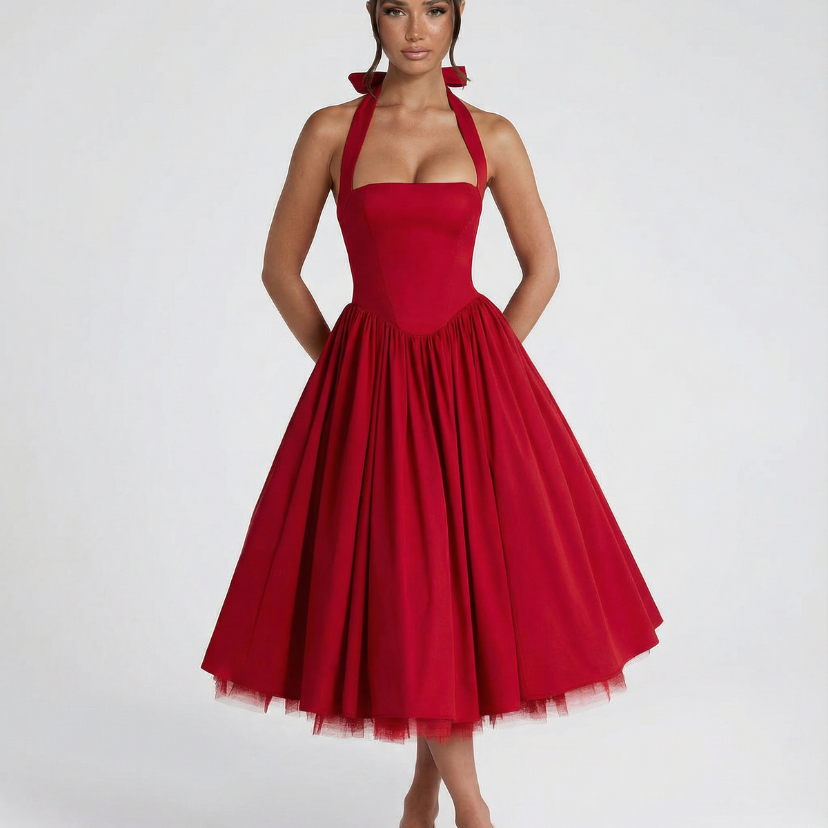 Lena | Midi Halter Neck Lace-Up Back Dress
