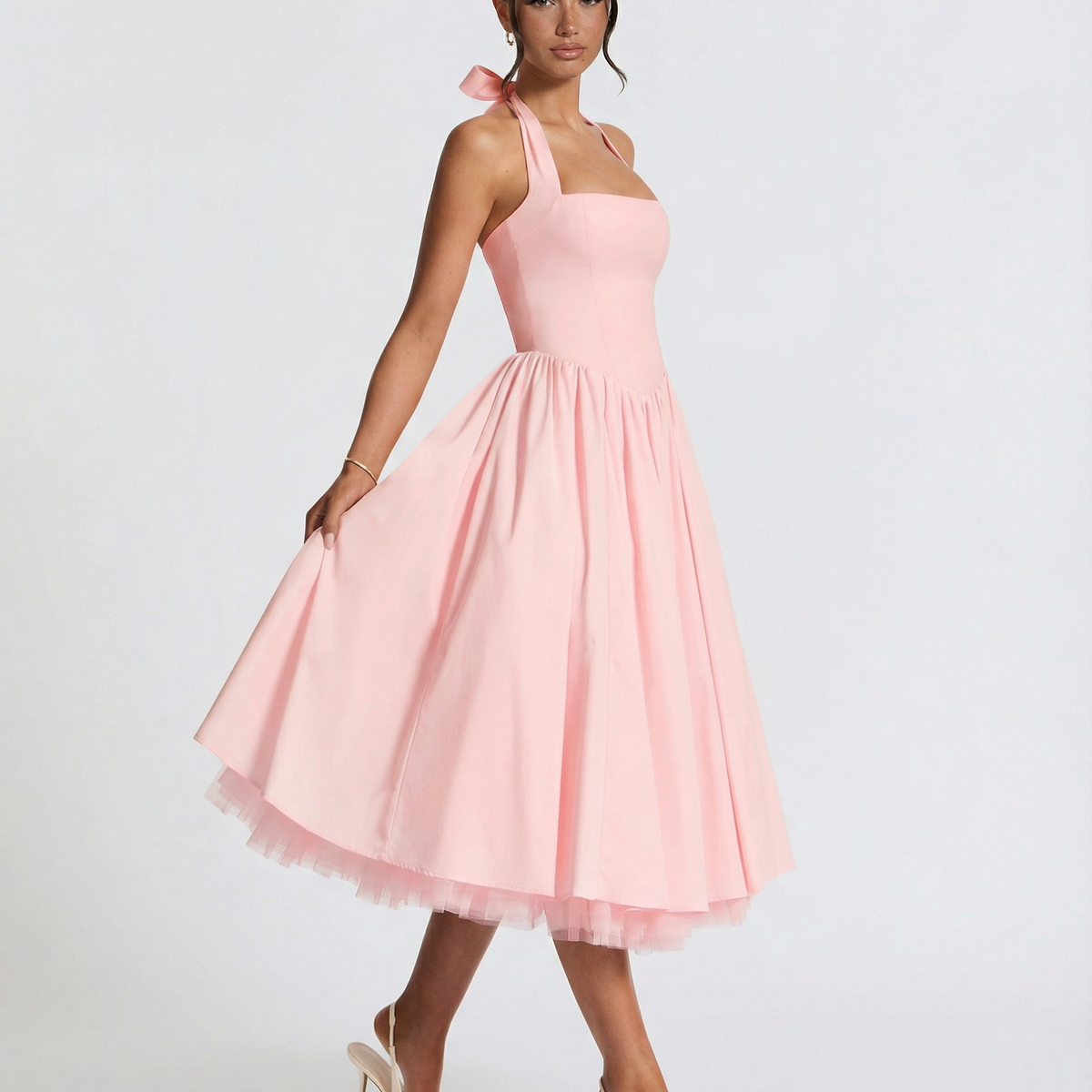 Lena | Midi Halter Neck Lace-Up Back Dress