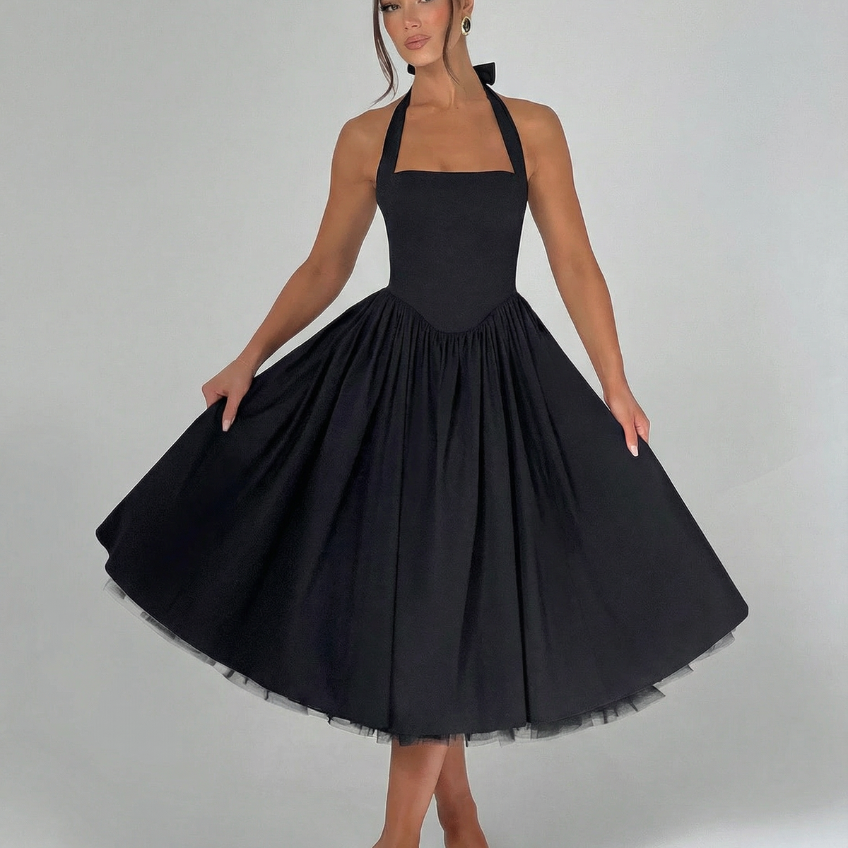 Lena | Midi Halter Neck Lace-Up Back Dress