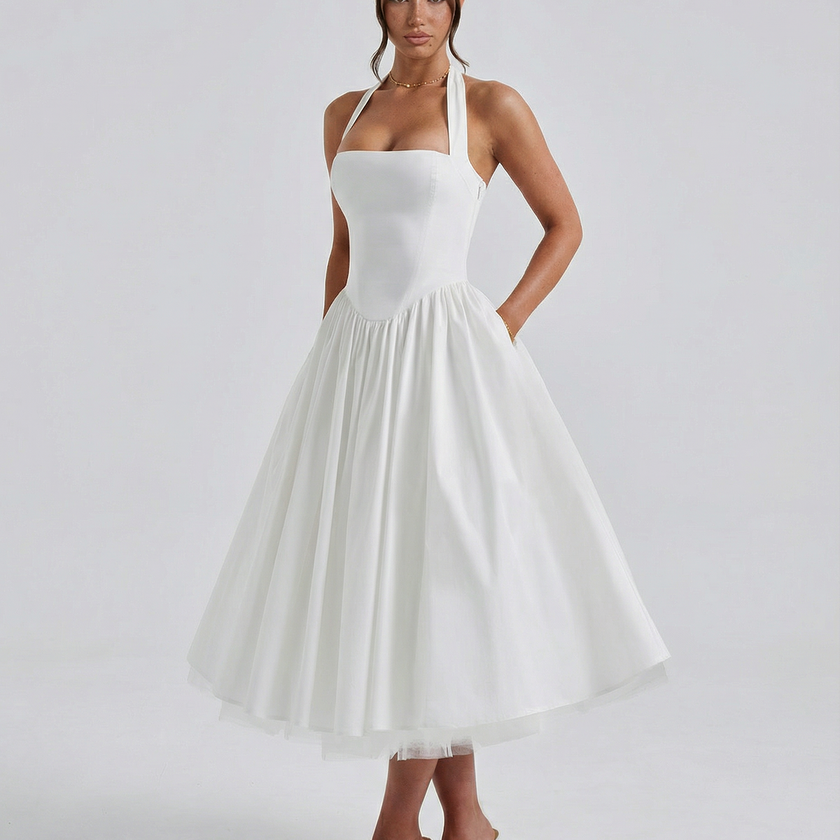 Lena | Midi Halter Neck Lace-Up Back Dress