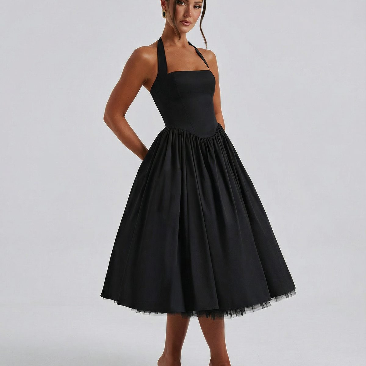 Lena | Midi Halter Neck Lace-Up Back Dress