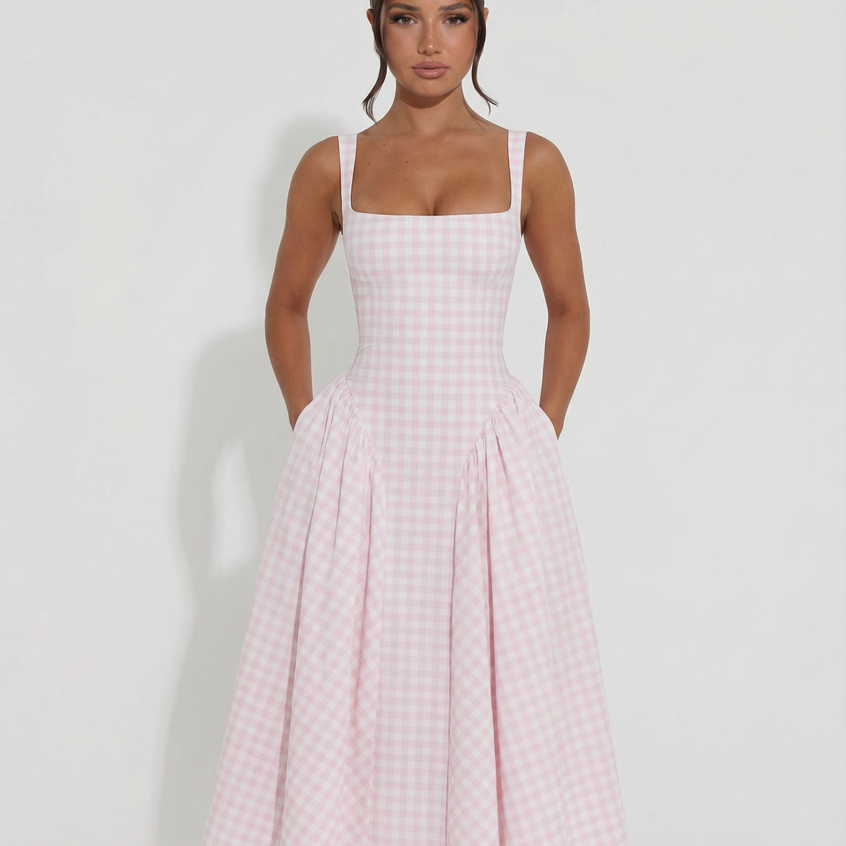 Francesca | Midi Dress with Gingham Corset and Square Neck